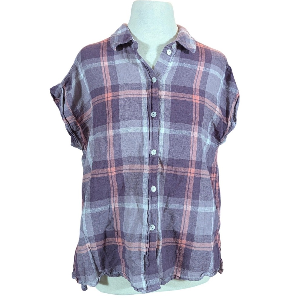 Sanctuary‎ Plaid Shirt Womens L Purple Coral Button Down Cap Sleeve Casual Top